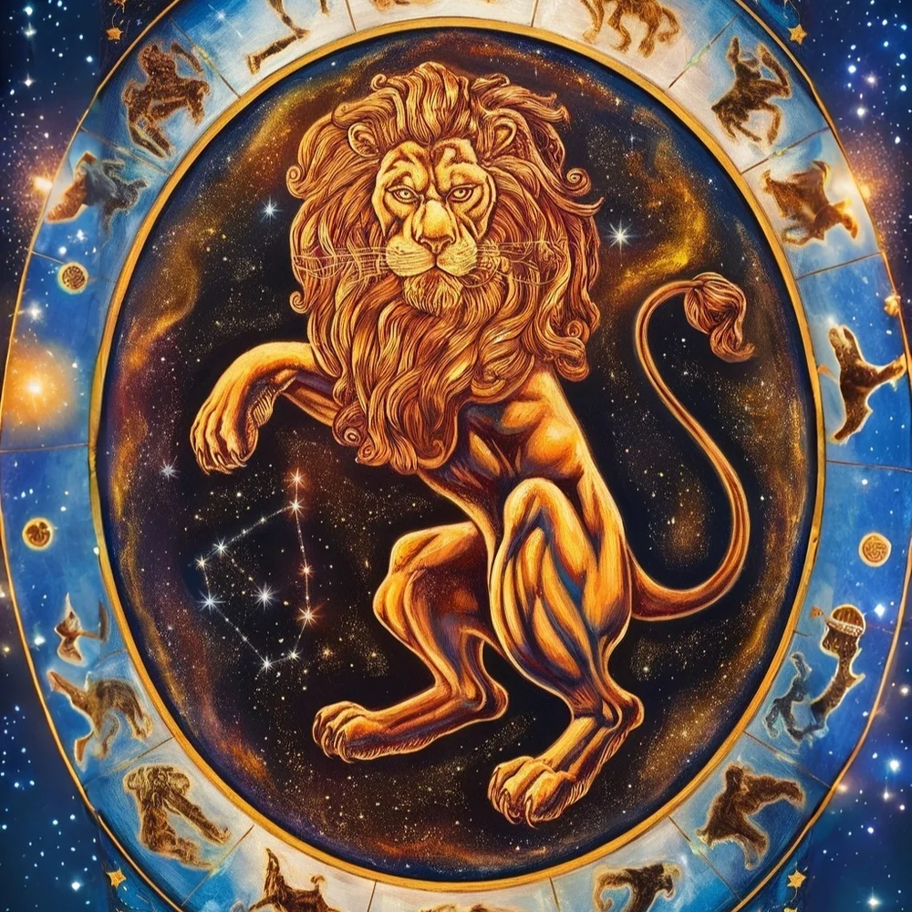 Majestic Lion Zodiac Wall Art - Blue and Gold In A Glass Front Frame 8x10